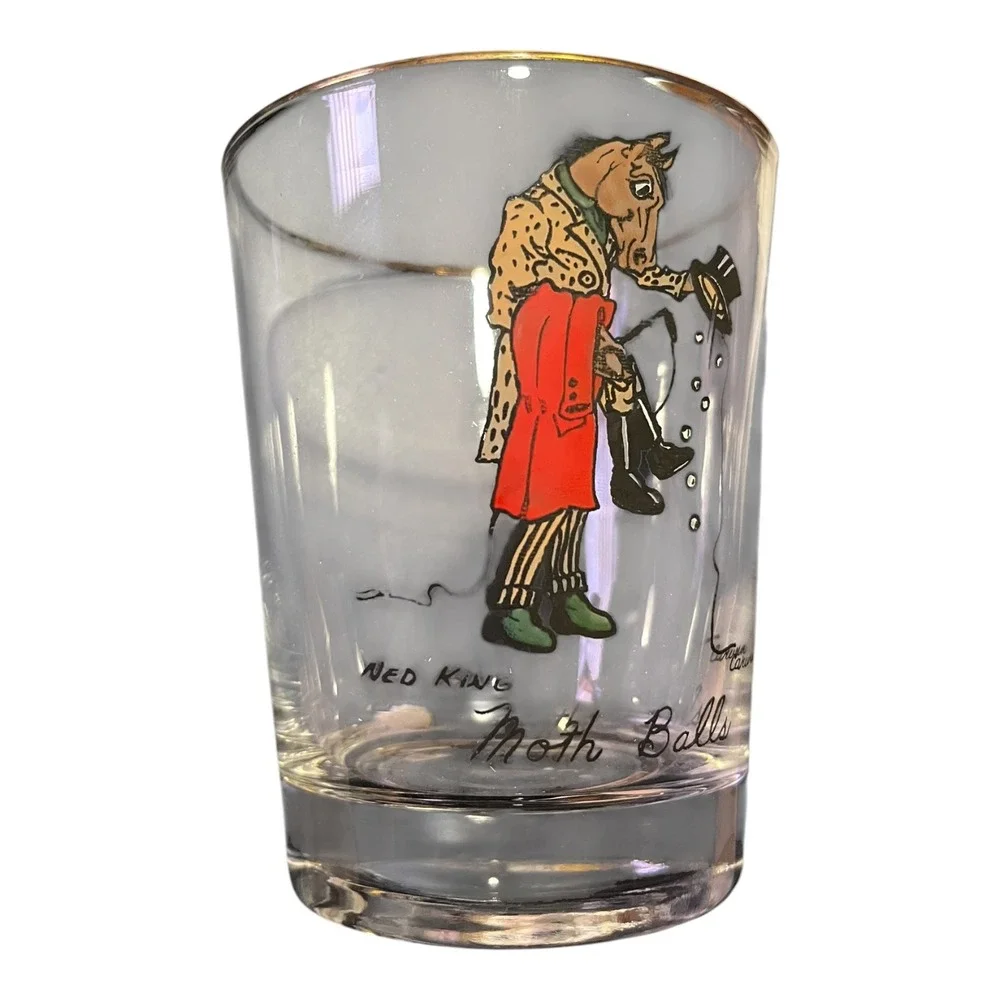 Vtg Ned King Carwin Moth Balls Horse Glass Gilt Gold Rim Barware Novelty Tumbler